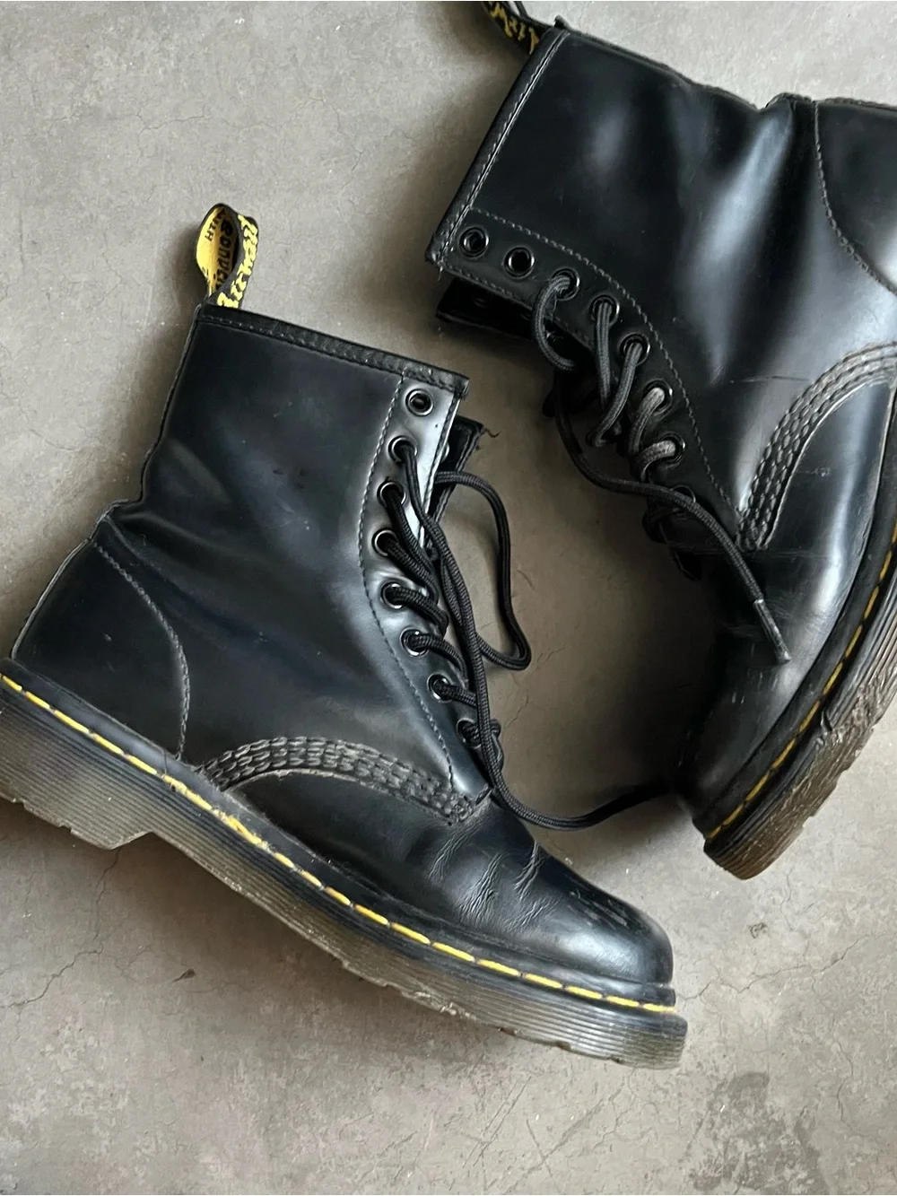 Dr. Martens Black Leather 8-Eye Boots with Yellow Stitching - size unknown